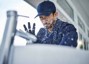 Burst faucet with flowing water highlighting plumbing repairs best left to licensed professionals.