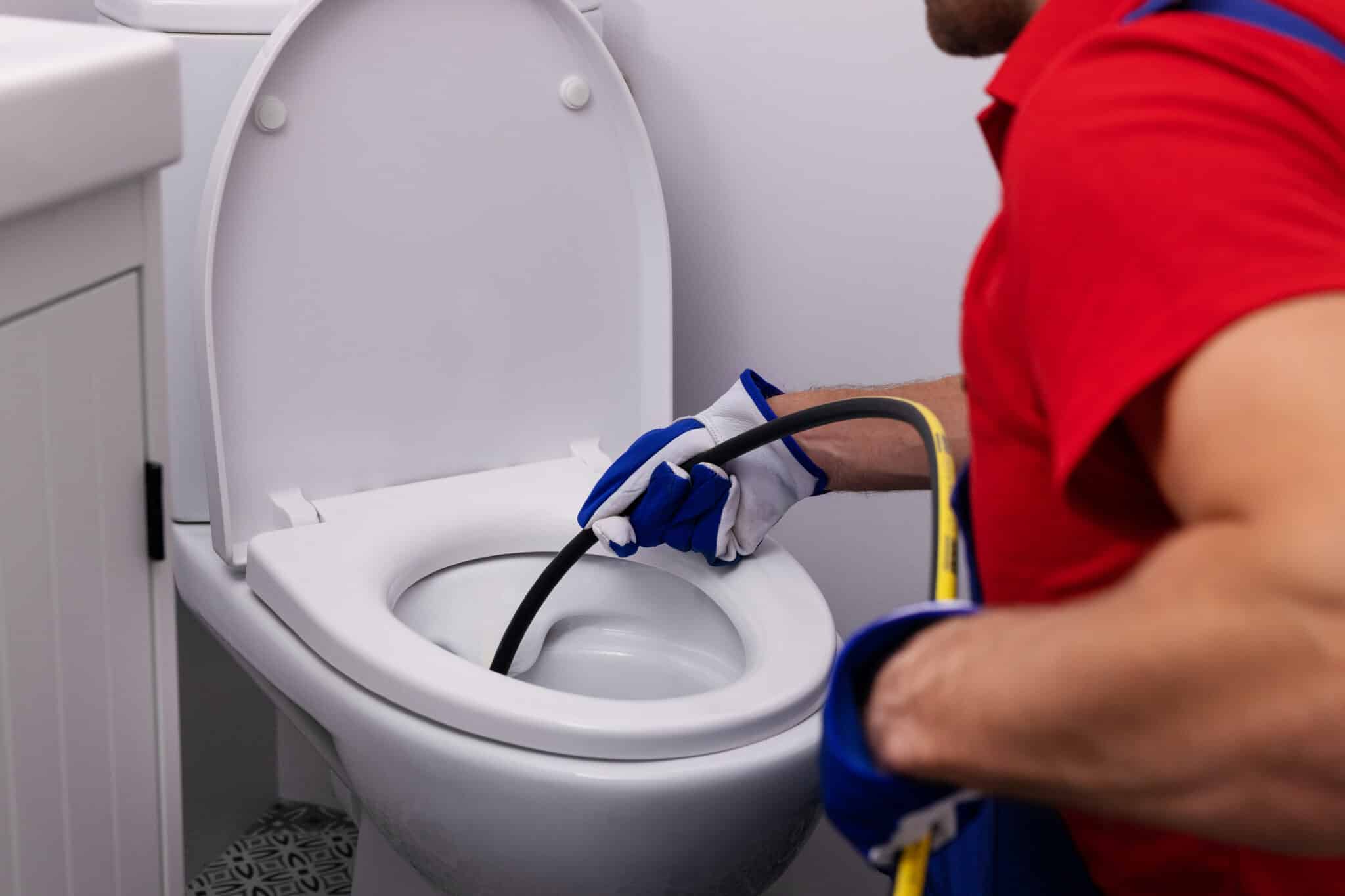 Plumber unclogging blocked toilet with hydro jetting, toilet bubbling.