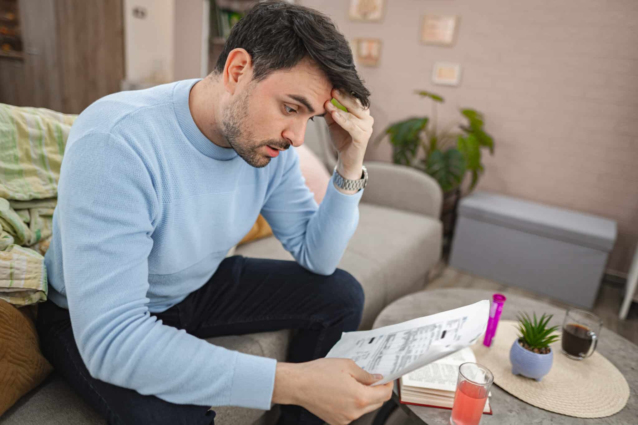 Displeased man looking at bills at home, pinhole leak copper.