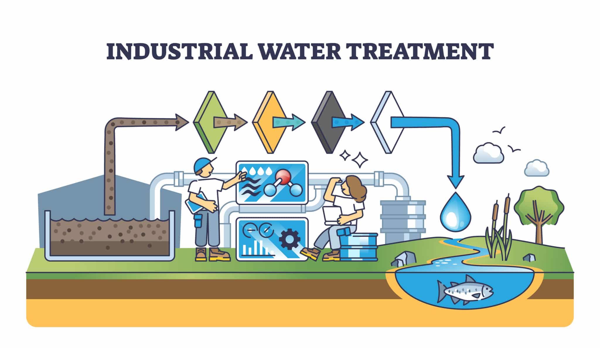 New technologies transforming industrial water treatment 1 Industrial water treatment with polluted sewage filtration system outline concept. Waste water purification utility with mechanical and chemical filters for water recycling vector illustration, industrial water treatment.
