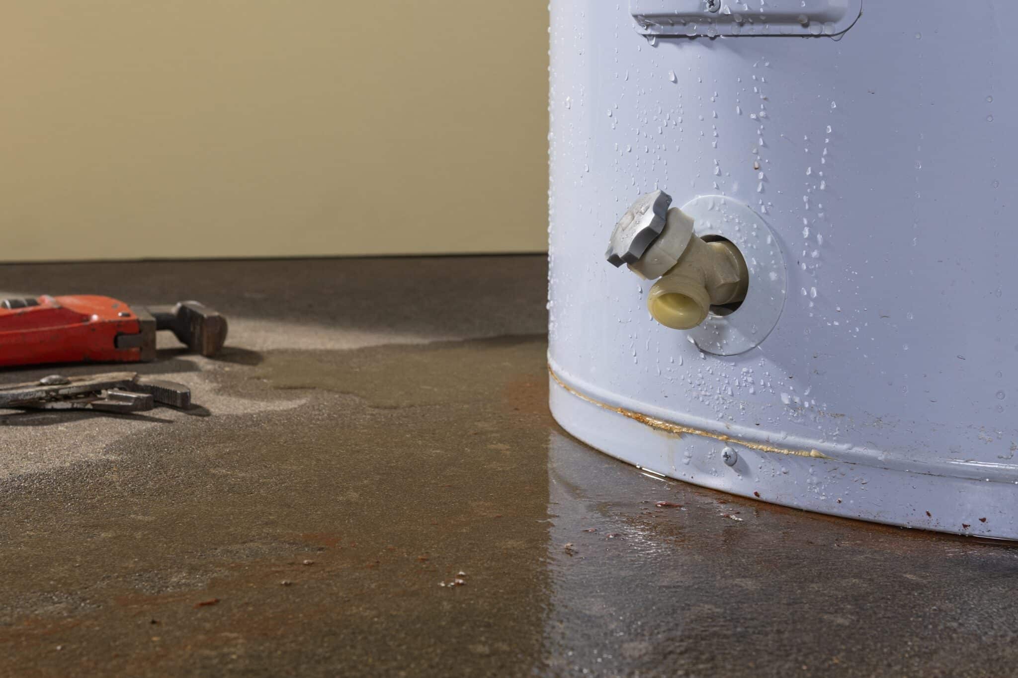 Common reasons water heaters fail during winter 2 Water leaking from a residential electric water heater, water heaters fail.