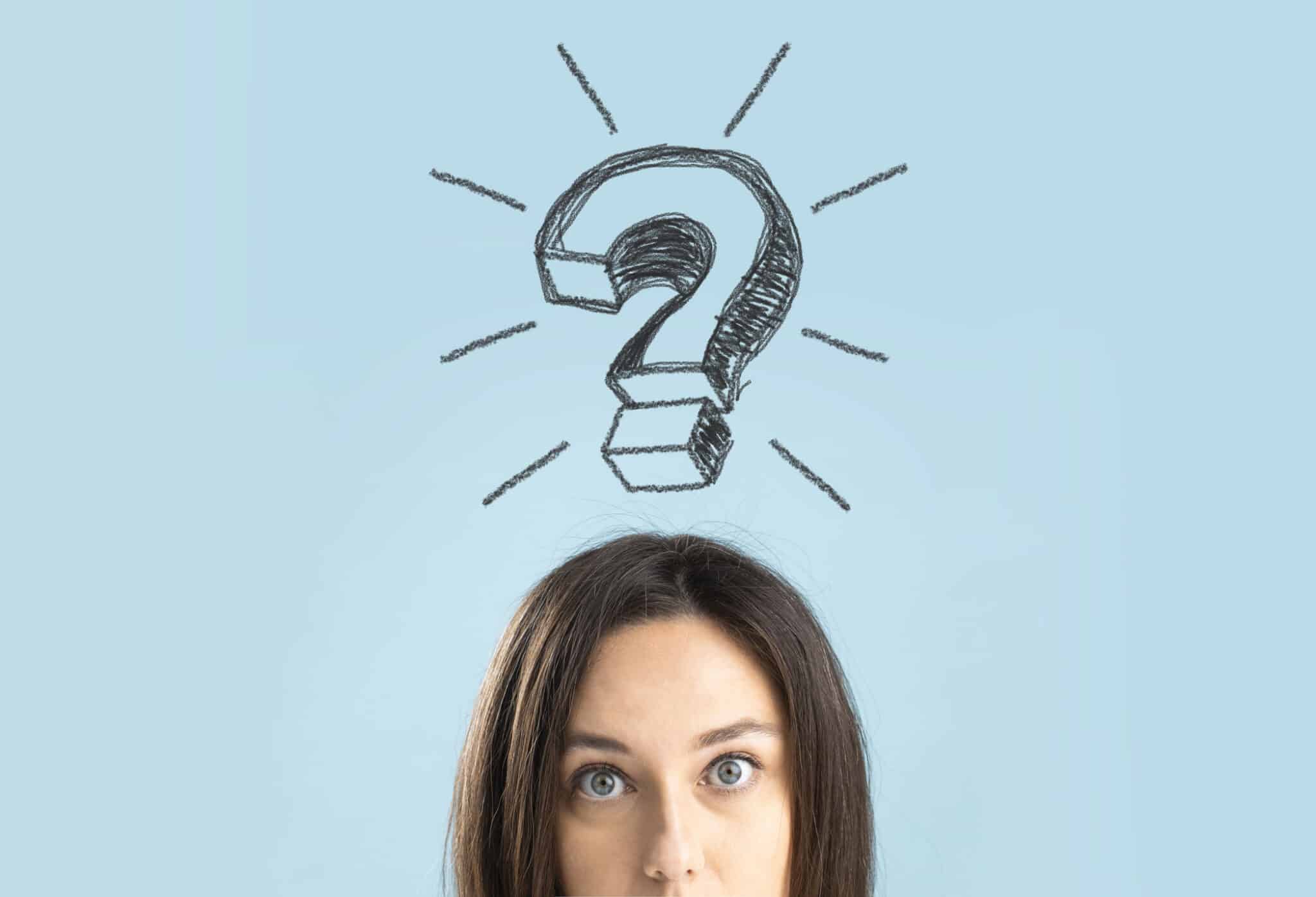 Blue background with a large question mark above her head, what, thermal imaging scans.