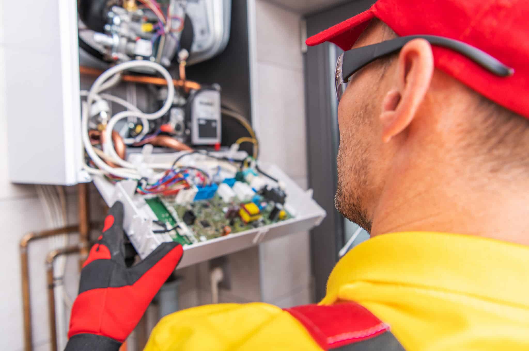 Why smart tankless water heaters save energy 2 Technician looking inside the heater, smart tankless water heaters.