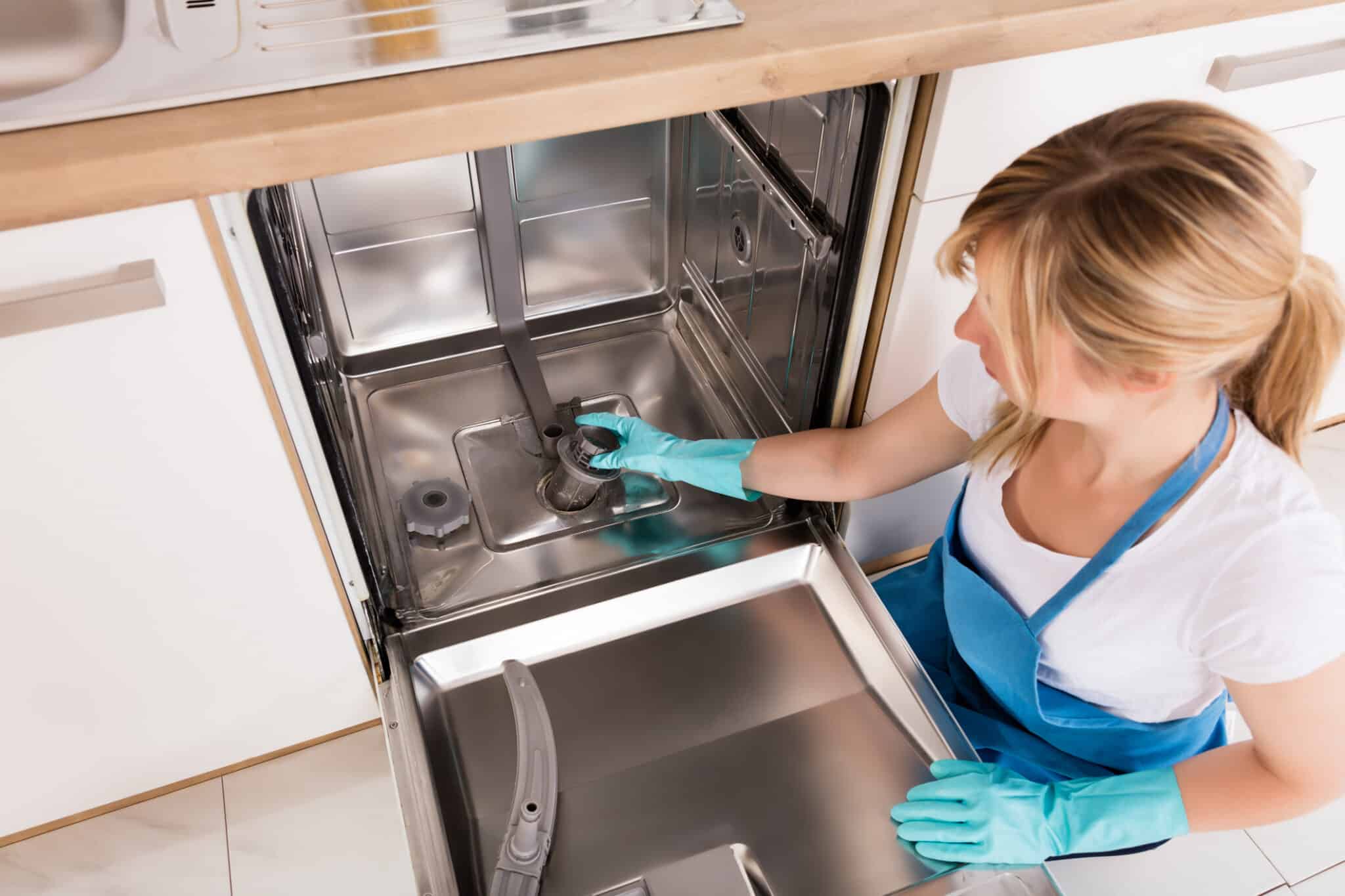 Dishwasher drain loop essentials for cleaner kitchens 2 Woman cleaning the dishwasher, dishwasher drain loop.